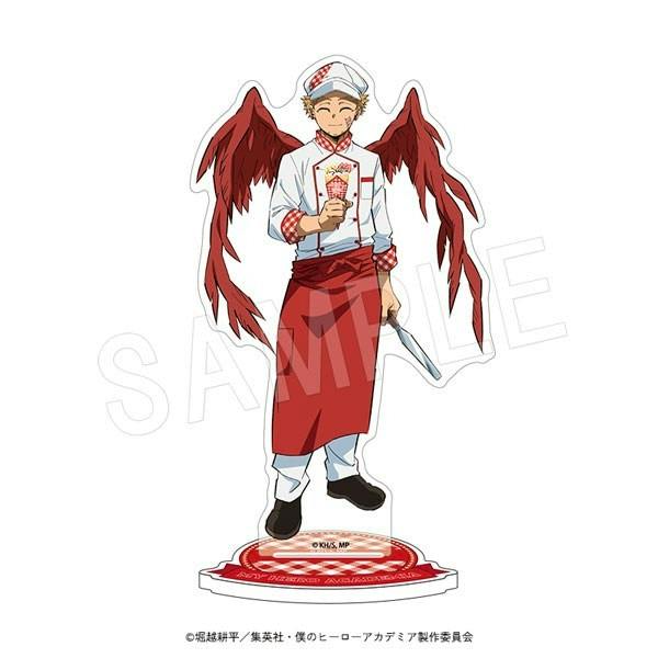 Acrylic figure stand showing the My Hero Academia character Hawks in a patissier outfit holding a dessert and a knife, standing on a round base.