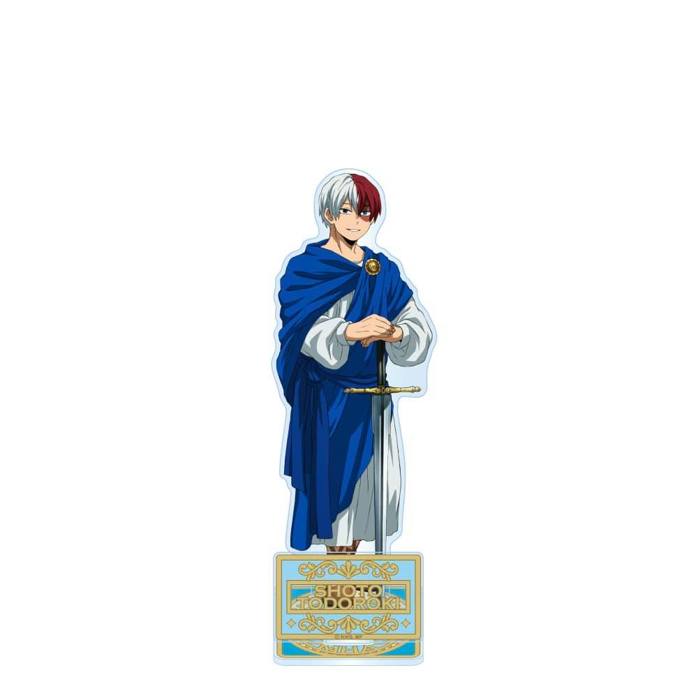 A full-body acrylic stand of Shoto Todoroki wearing a blue robe with a decorative nameplate base.