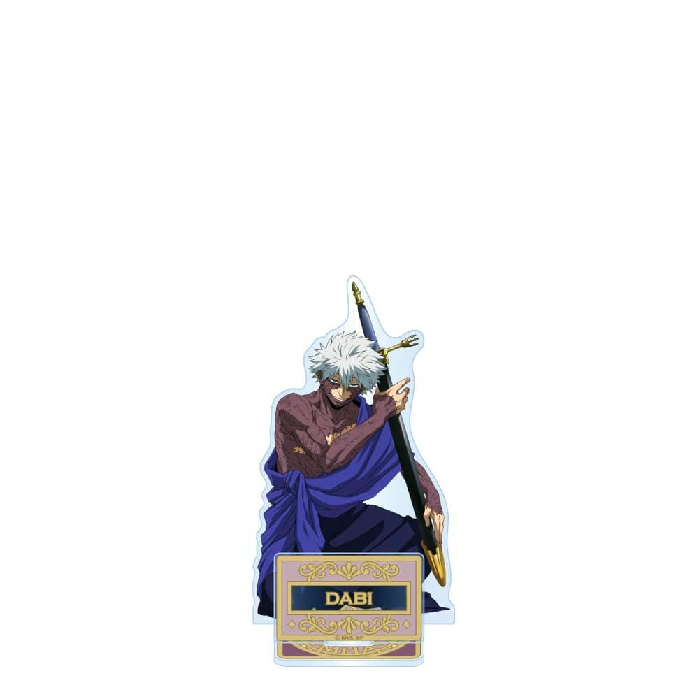 Front photo of the Dabi acrylic stand (REUNION Ver.) showing the character holding a sword and a nameplate reading "DABI".