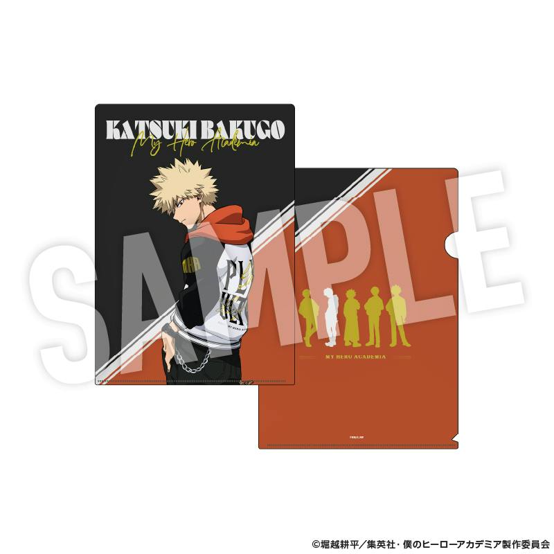 Front and back of a clear file folder showing Katsuki Bakugo wearing a sukajan-style jacket, displayed with a SAMPLE watermark.