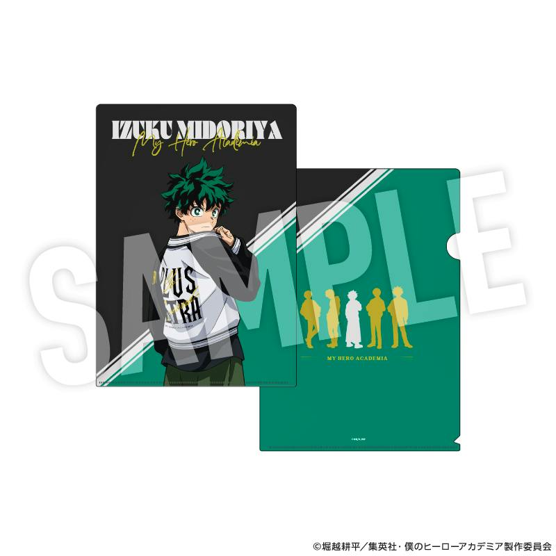 Front and back of a clear file folder featuring Izuku Midoriya (緑谷出久) wearing a sukajan-style jacket with green and black design and a SAMPLE watermark.