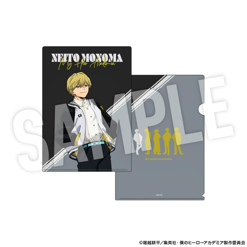 Front and back views of the clear file folder showing Neito Monoma in a sukajan-style outfit, with a SAMPLE watermark.