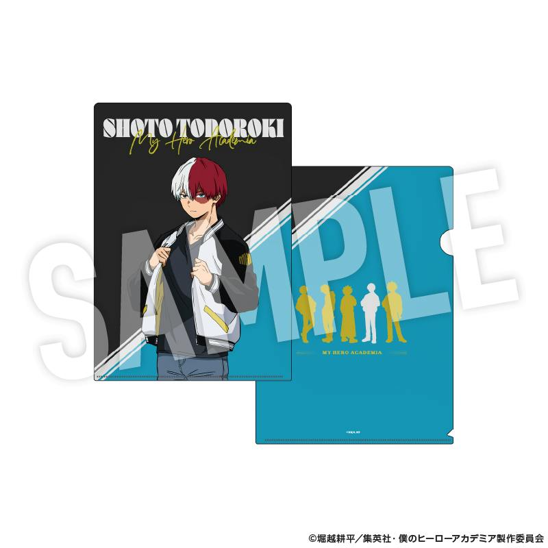 Front and back views of a clear file folder showing Shoto Todoroki wearing a sukajan jacket on dark and teal backgrounds with a SAMPLE watermark.