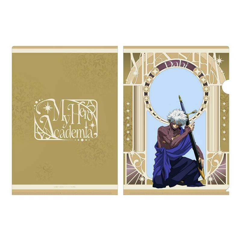 Clear file folder showing the back design with a logo and the front illustration of Dabi kneeling inside a decorative frame.