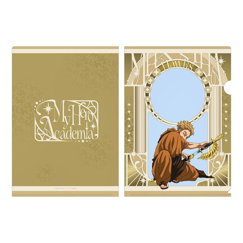 Front and back views of the My Hero Academia clear file folder, left panel gold with the series logo and right panel showing Hawks illustrated in a decorative frame.