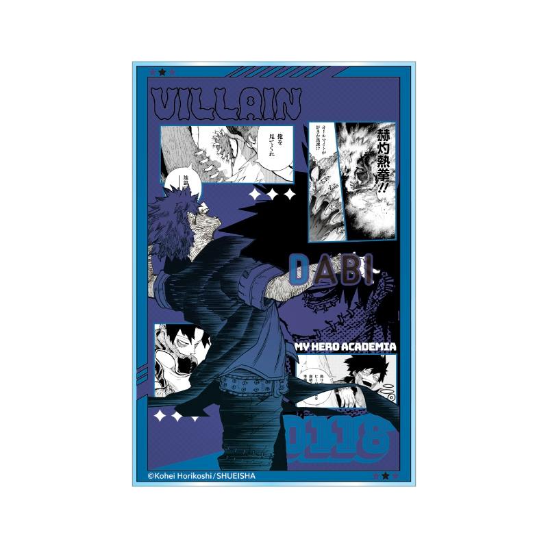 Front view of the Dabi acrylic block showing blue-toned My Hero Academia comic panels and character artwork.