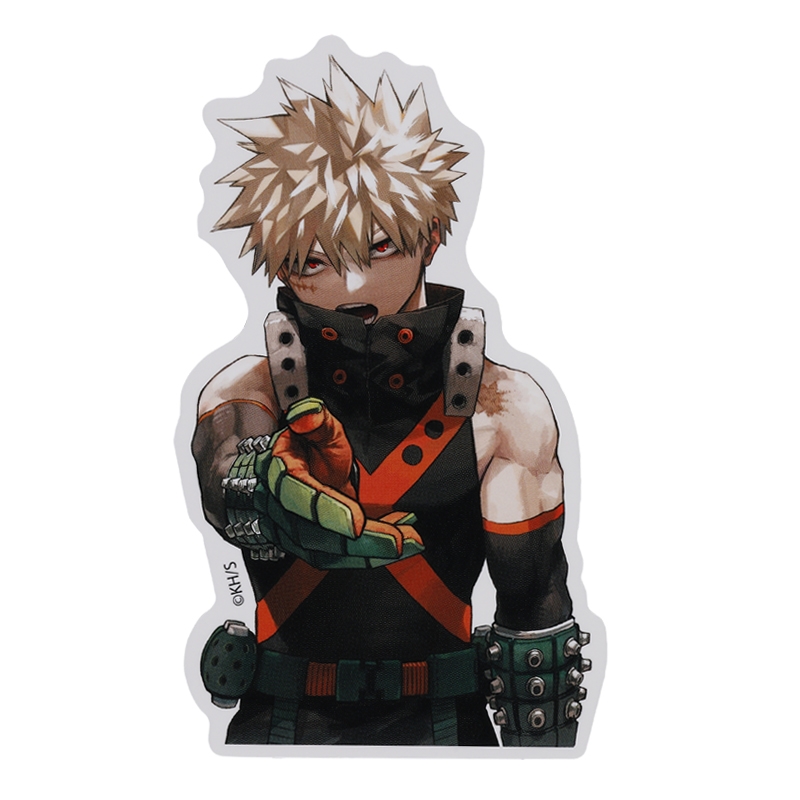 Die-cut plastic sticker of 爆豪勝己 (Bakugo Katsuki) in his hero costume pointing toward the viewer.