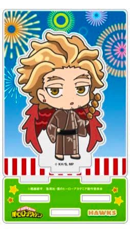 Chibi Hawks acrylic stand showing the character in front of a fireworks background on a green-striped base.