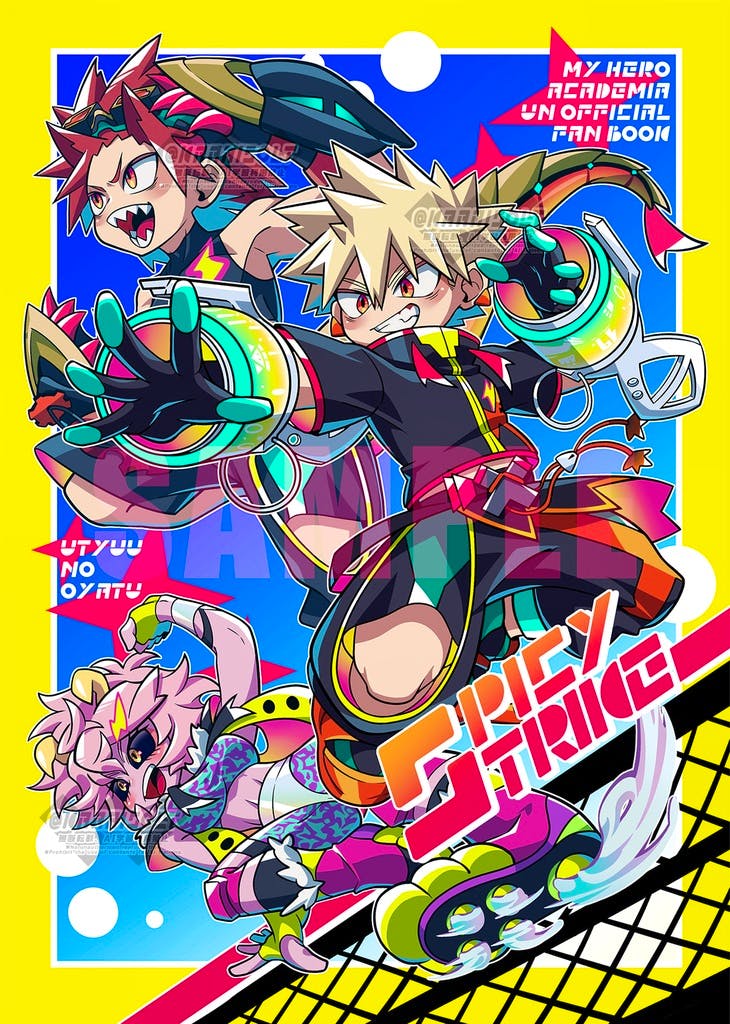 Cover illustration for the hrak illustration book "SPICY STRIKE" showing colorful anime-style characters in dynamic action poses.