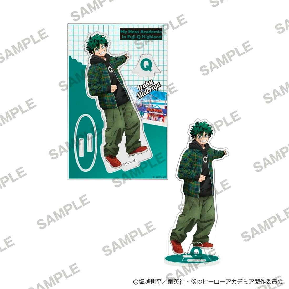 A product mockup showing the Midoriya Izuku (Deku) Fuji-Q collaboration acrylic stand with the character figure and its decorative backing card.