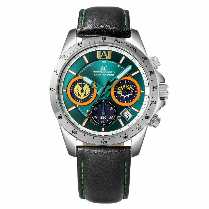 Front view of a metal-cased wristwatch with a green dial, three subdials, date window, and a black leather strap with green stitching.