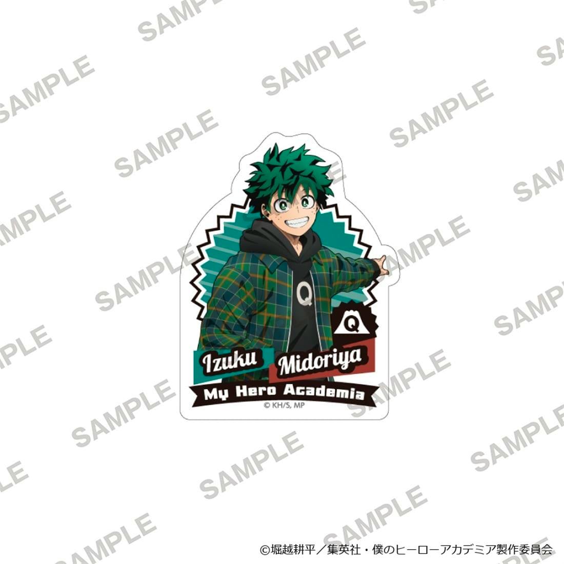 Paper sticker of Izuku Midoriya from My Hero Academia wearing a green plaid jacket, with his name and “My Hero Academia” printed below.