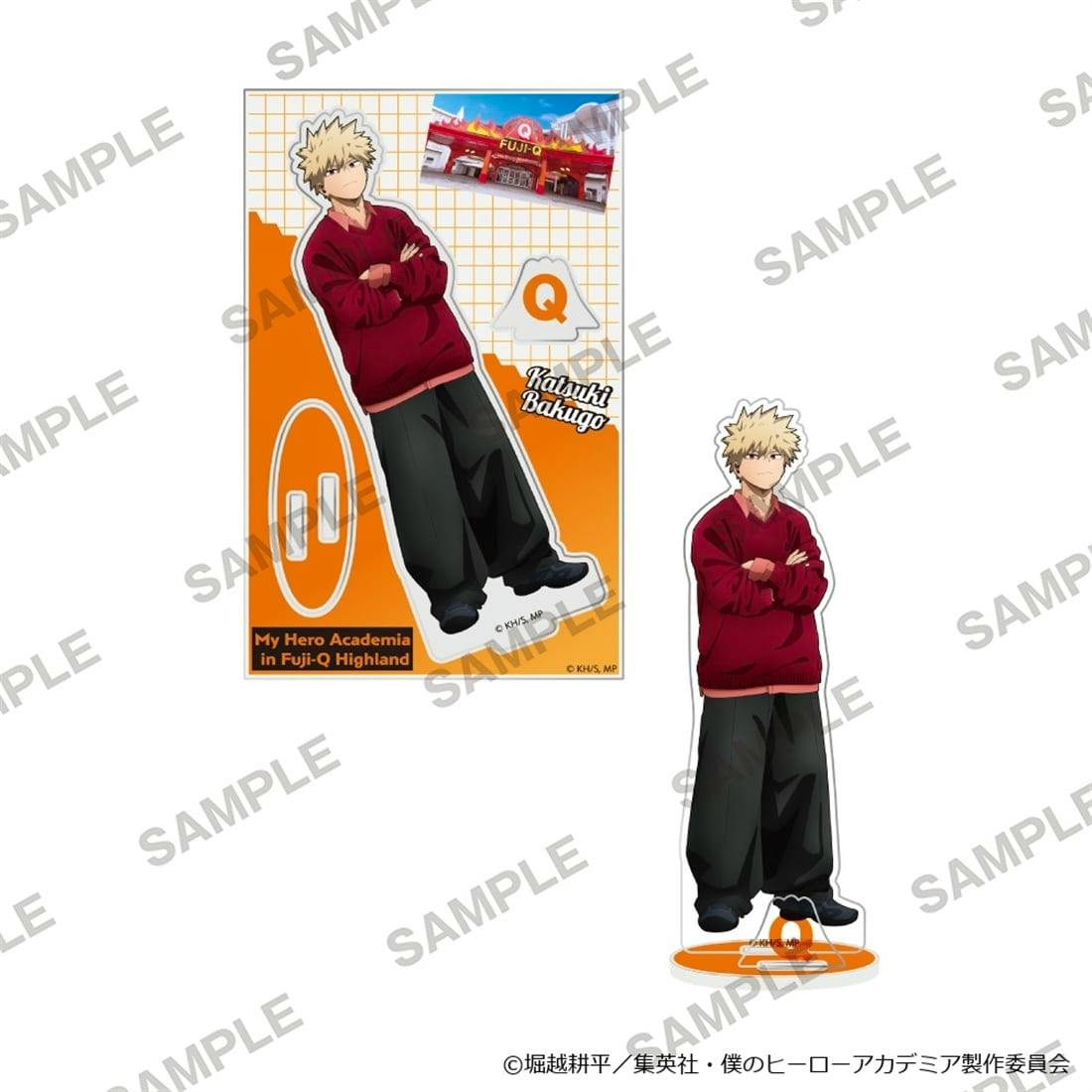 Front view of the Katsuki Bakugo acrylic stand with its orange base and backing card showing Fuji-Q Highland artwork on a white background.