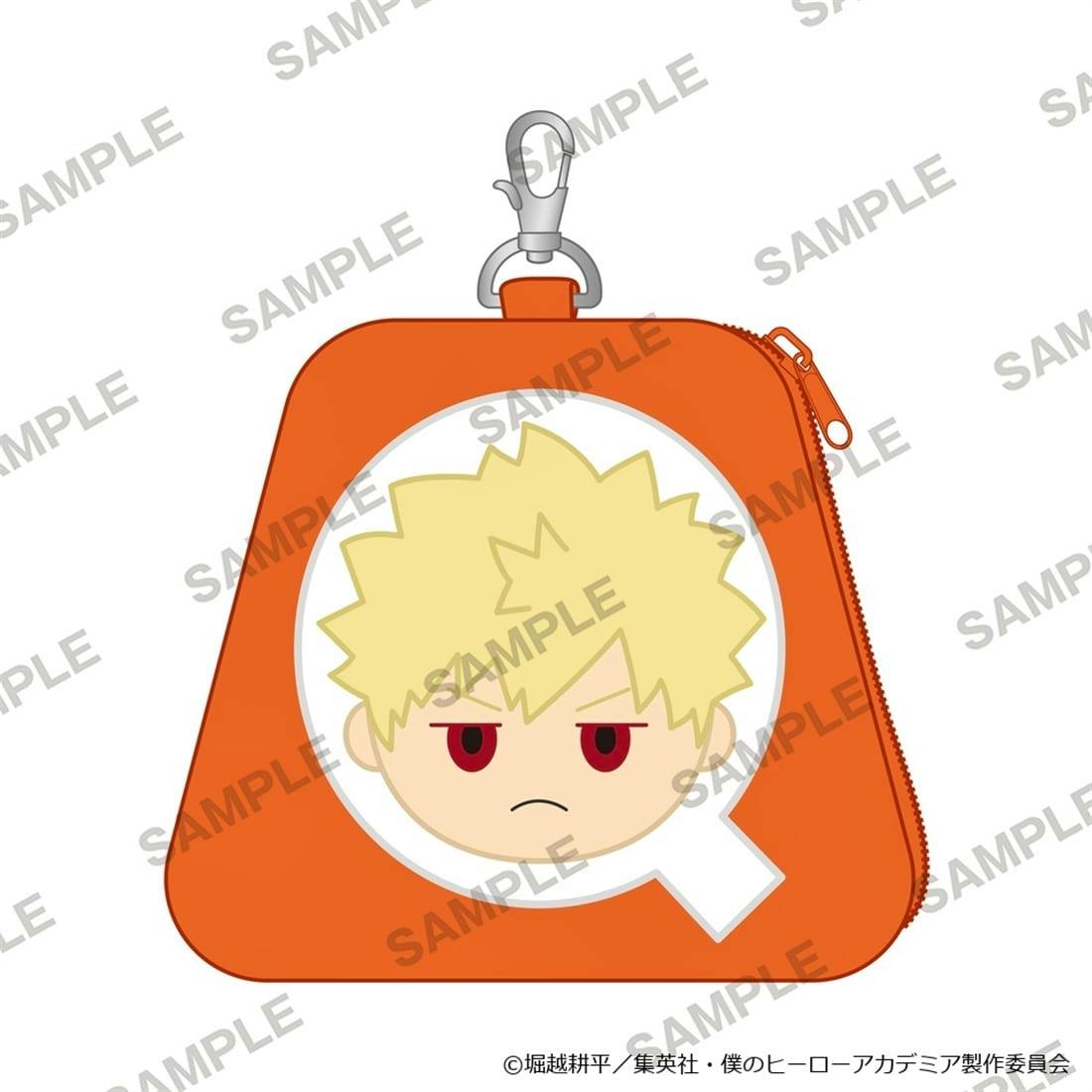 Orange triangular face pouch (plastic) showing Bakugo Katsuki chibi face, with a side zipper and a metal clip on top.