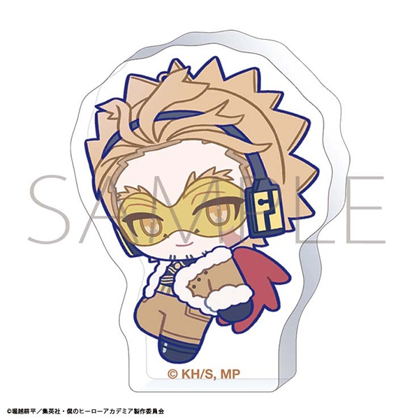 Chibi acrylic-style illustration of Hawks from My Hero Academia wearing yellow goggles, headphones, a brown jacket, and a red wing-like accessory on a white background.