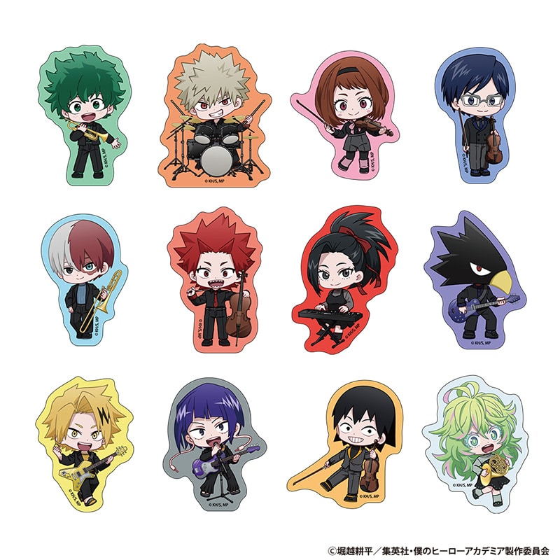 Sheet of twelve chibi-style My Hero Academia character stickers, each depicted holding or playing a musical instrument.