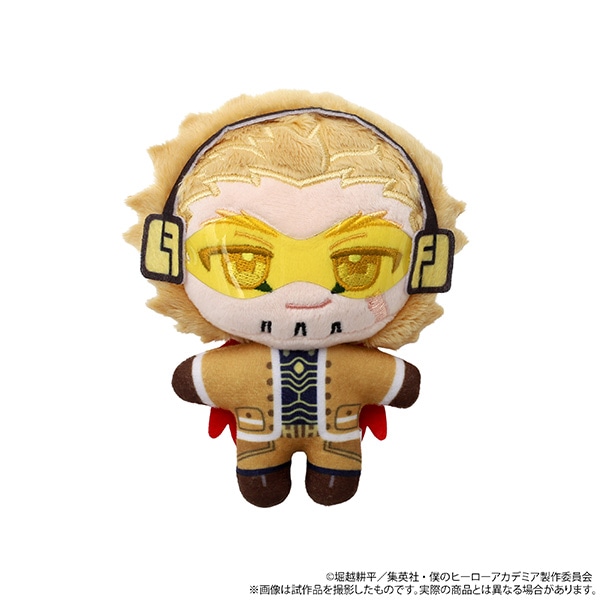 Front view of the Hawks plush mascot from My Hero Academia, showing yellow goggles, tan/brown costume, and red felt wings.