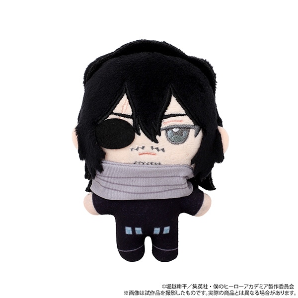 Front view of the 相澤 消太 plush mascot (ぬいぐるみマスコット) showing black hair, an eyepatch, and a gray scarf.