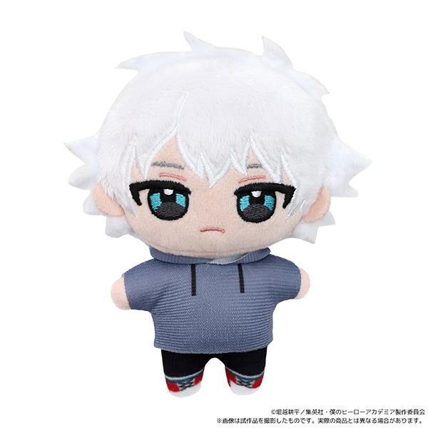 Front view of the My Hero Academia plush mascot (Todoroki Touya, childhood) showing white hair, embroidered eyes, and a gray hoodie.