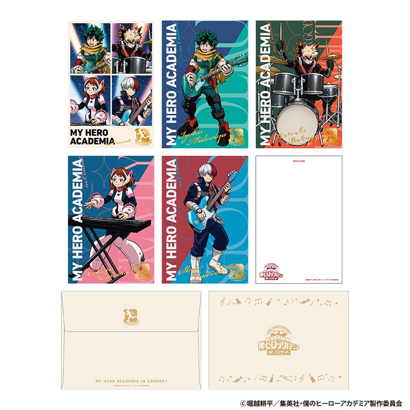 Set of My Hero Academia postcards showing six illustrated card fronts, card backs, and an envelope.