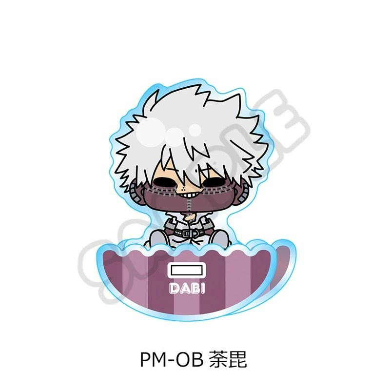 Assembled acrylic decorative stand of Dabi from My Hero Academia sitting on a purple striped base.