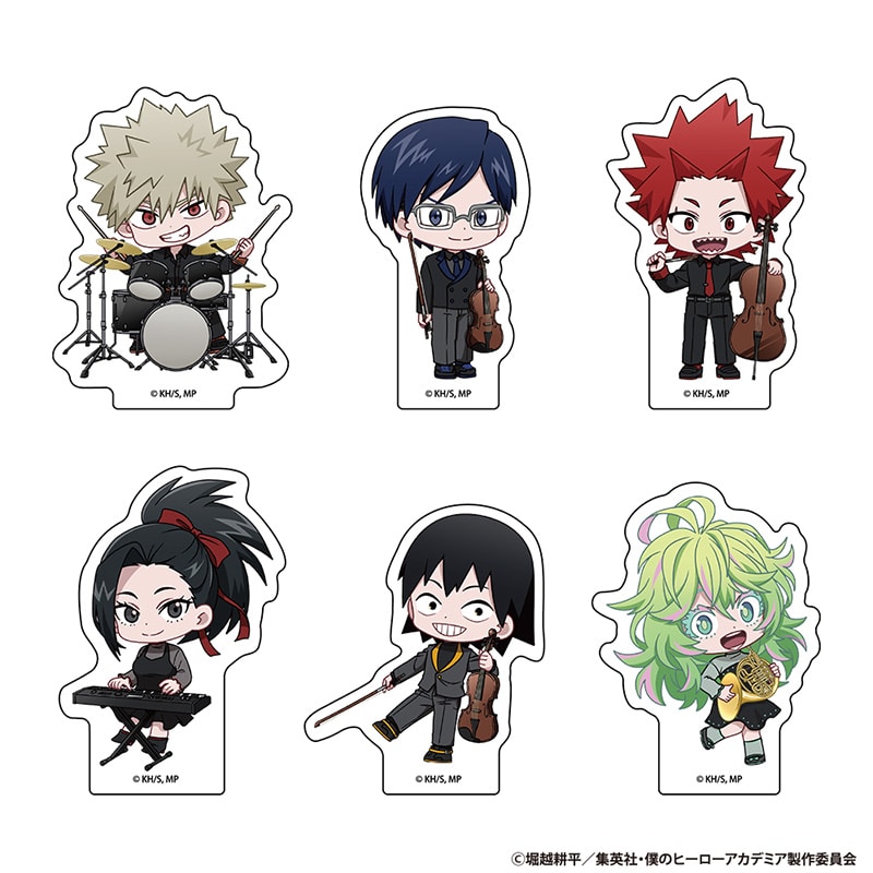 Six chibi-style acrylic character stands from My Hero Academia displayed on a white background.