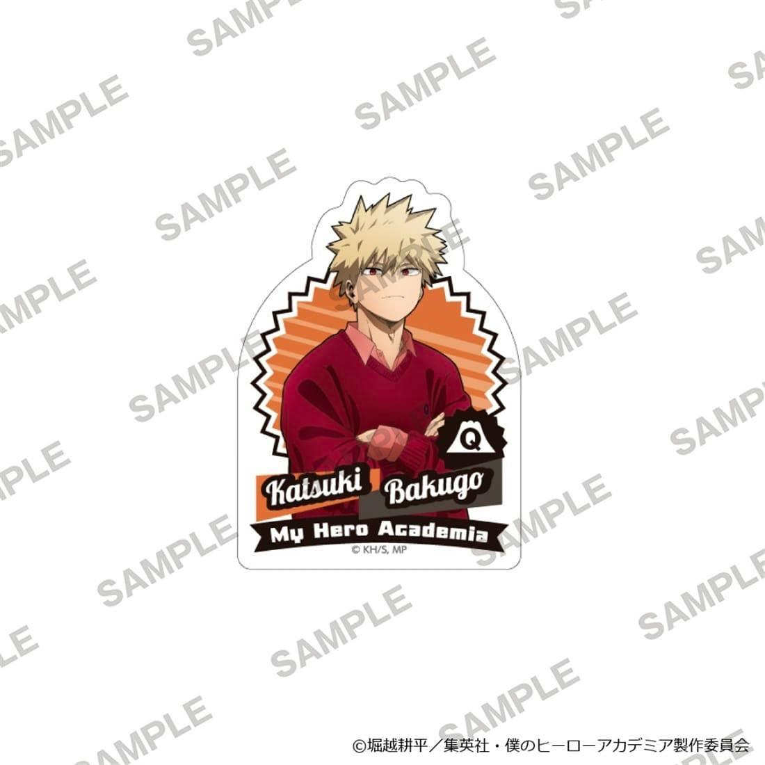 Paper sticker showing Katsuki Bakugo from My Hero Academia wearing a red sweater with his name and “My Hero Academia” text below.
