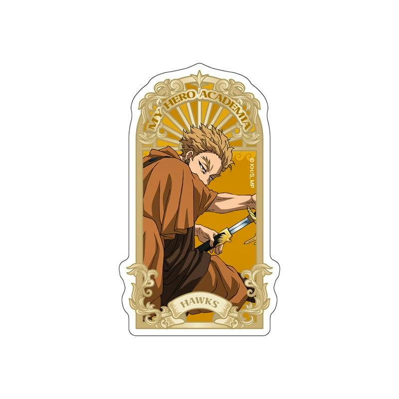 Sticker of Hawks from My Hero Academia in a decorative gold-framed design showing the character in a brown cloak holding a blade.