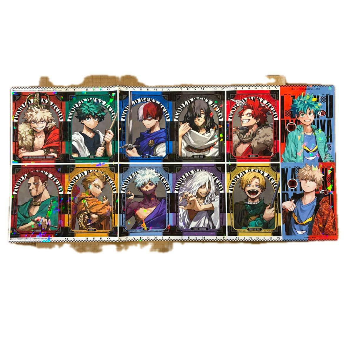 Flat photo of a sheet of My Hero Academia holographic paper stickers showing multiple character portraits.