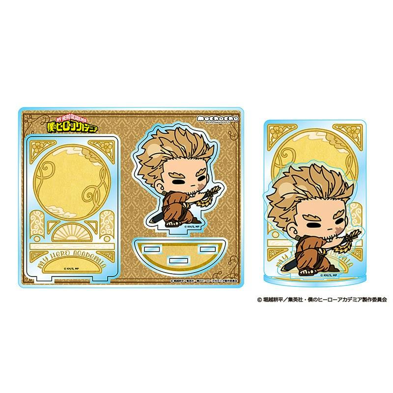 Printed acrylic stand sheet and assembled mockup showing chibi Hawks artwork and the matching base for the My Hero Academia “REUNION Ver.” mochocho acrylic stand.