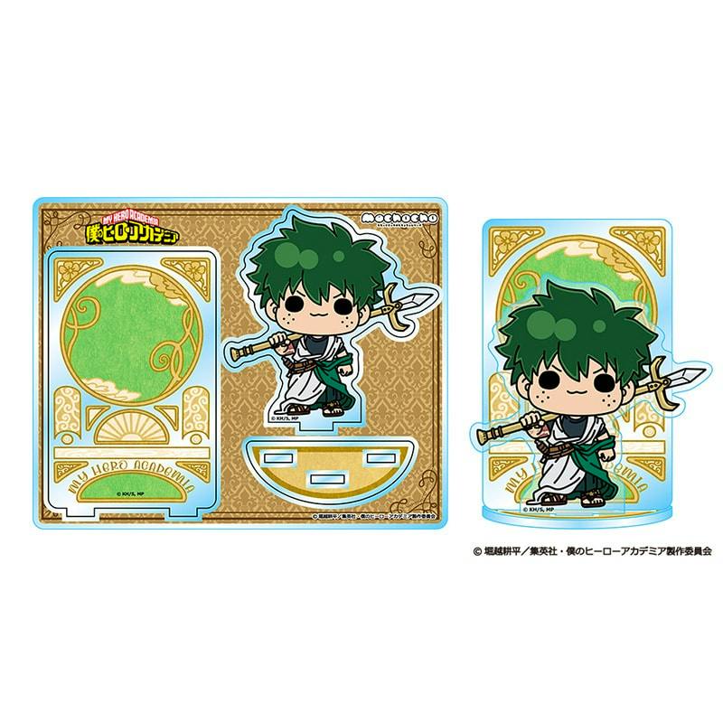 Image showing the die-cut acrylic sheet and an example assembled acrylic decorative stand of mochocho-style Izuku Midoriya (緑谷出久) from My Hero Academia.