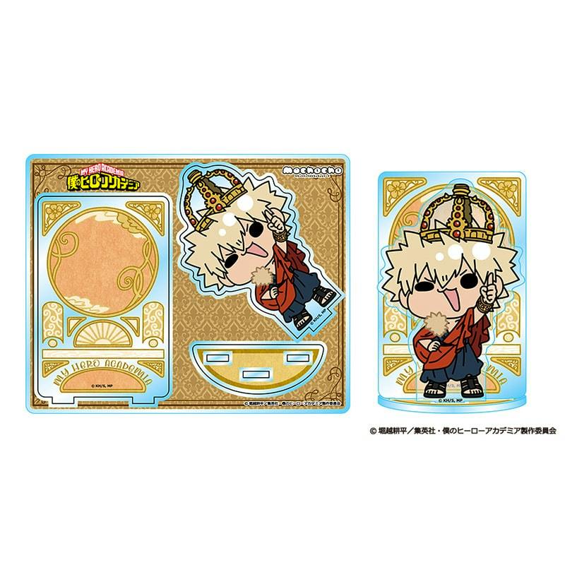 Image shows the chibi-style acrylic stand artwork and an assembled mockup of Bakugo Katsuki.