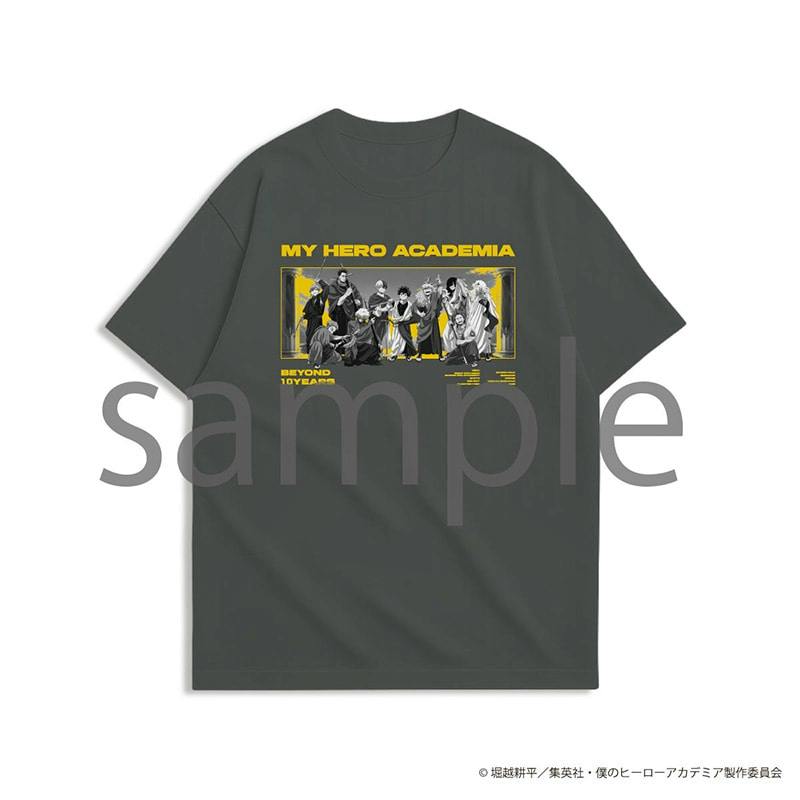 Flat-lay front view of a dark washed T-shirt with a yellow "MY HERO ACADEMIA" group graphic on the chest.