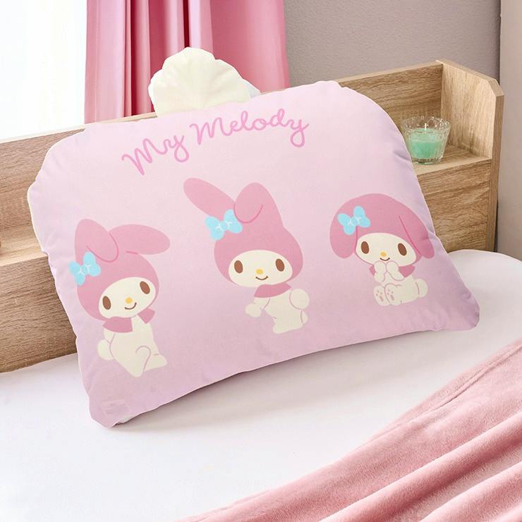 Pink My Melody die-cut pillow (43×63cm) with three character illustrations on a bed.