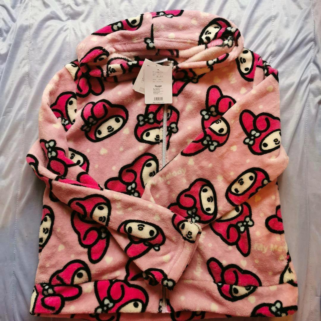 Pink polyester My Melody patterned hooded sweatshirt laid flat with tags visible.