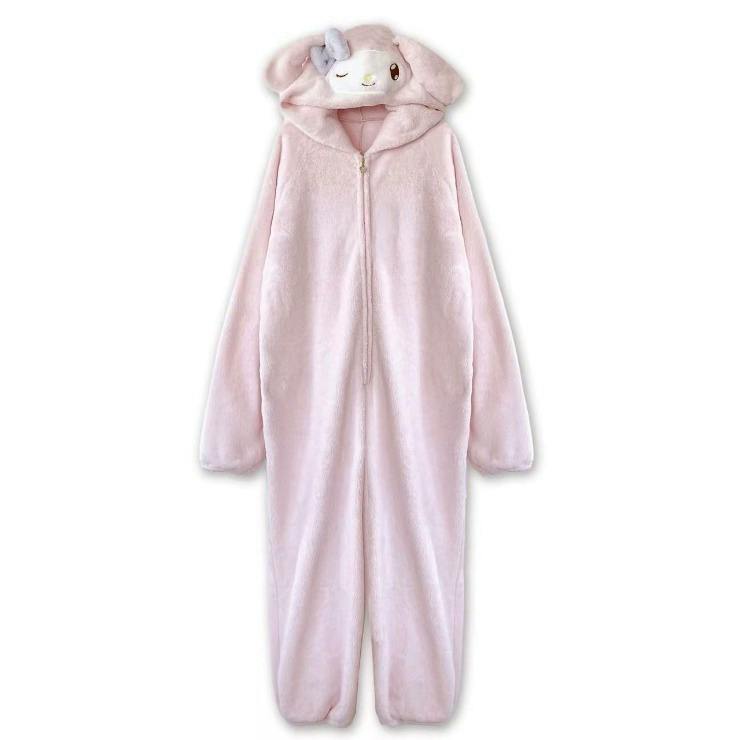Pink women's My Melody kigurumi onesie pajama with a character-face hood and front zipper.