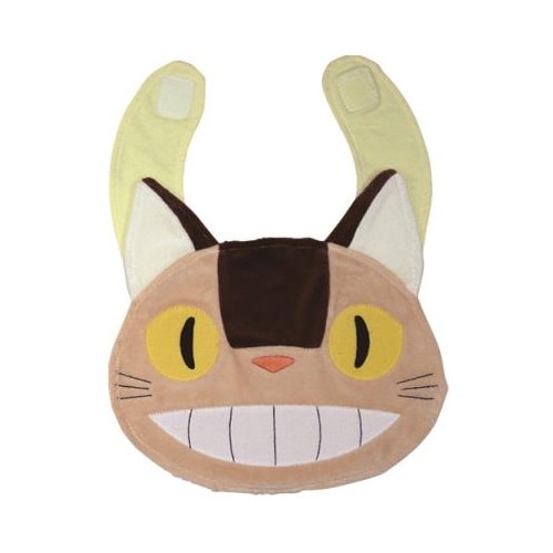 Front view of a Catbus face baby bib showing a smiling mouth, yellow eyes, ears, and Velcro neck straps.