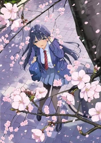 Illustrated book cover of a schoolgirl in uniform standing beneath blooming cherry blossom branches.