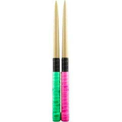 Two drum sticks with gold-colored tips, black midsections, and green and pink grips on a white background.