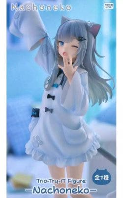 Photograph of the Nachoneko figure wearing a white coat and cat-ear headband, winking and posing with a finger near her mouth.