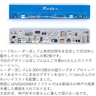 Photo of the long eraser (eric design) with its blue packaging and Japanese product description text.