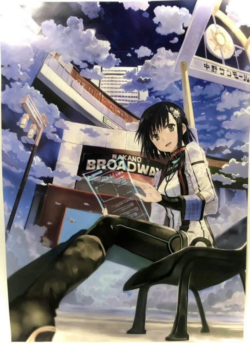 Photo of the poster depicting an anime-style female character seated in front of a Nakano Broadway sign under a cloudy sky.