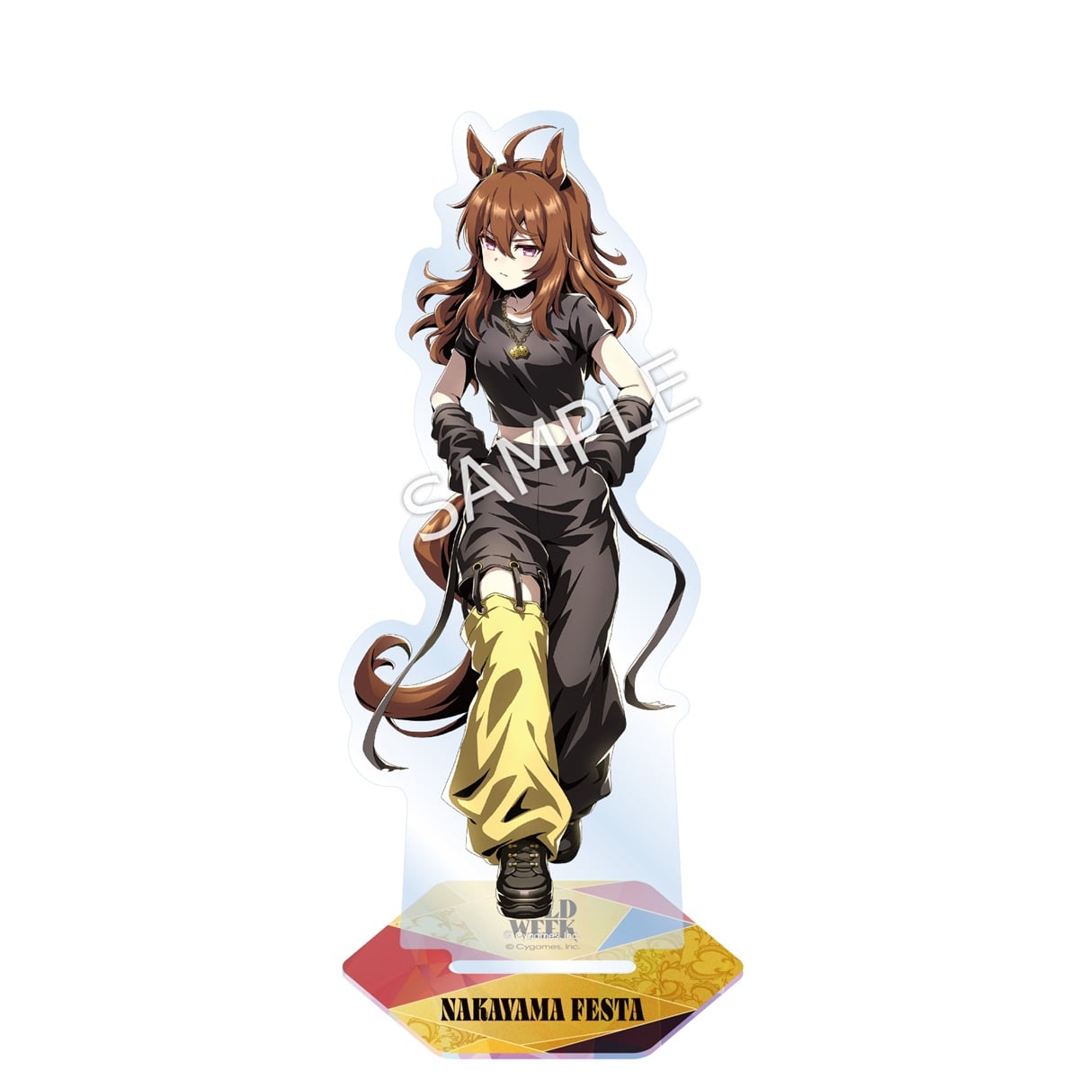 Front view of the acrylic decorative stand showing a character with animal ears and tail mounted on a multicolored base labeled "NAKAYAMA FESTA".