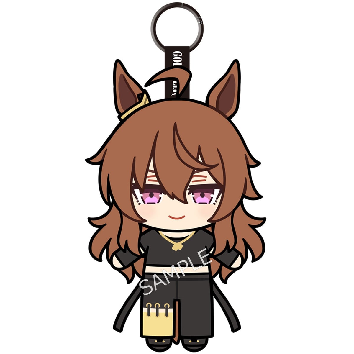 Front-facing illustrated plush keychain showing a brown-haired character with ears and a metal carabiner on a white background.