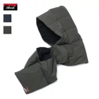 Dark quilted down muffler scarf shown folded with padded sections and a small logo tag.