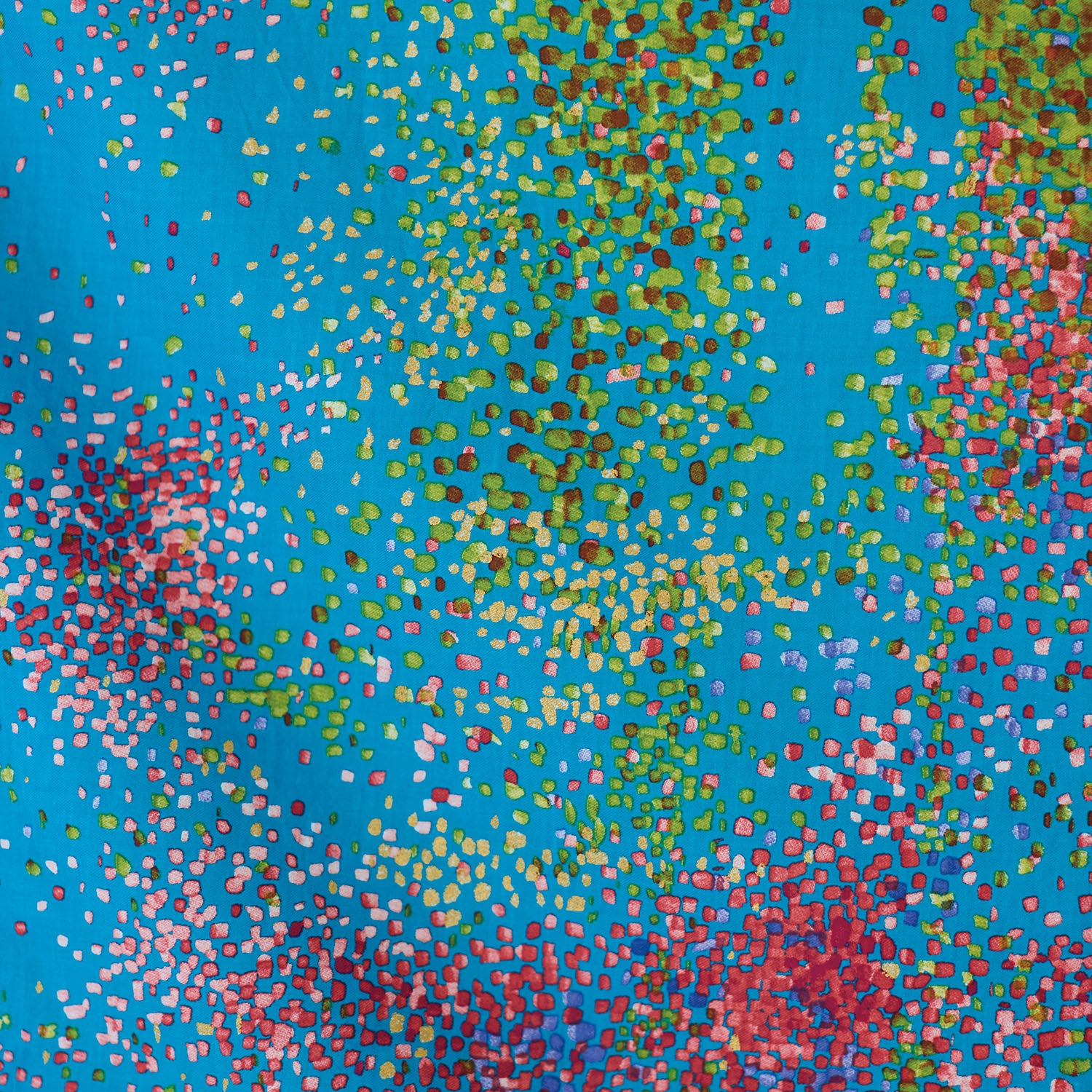 Blue-green cotton-silk fabric with multicolored small dot cluster pattern.