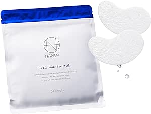 A NANOA pouch labeled “SC Moisture Eye Mask” displayed next to two white crescent-shaped eye patches.