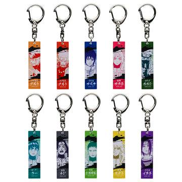 Ten rectangular Naruto acrylic keychains with different character illustrations and colored backgrounds, each attached to a metal key ring.