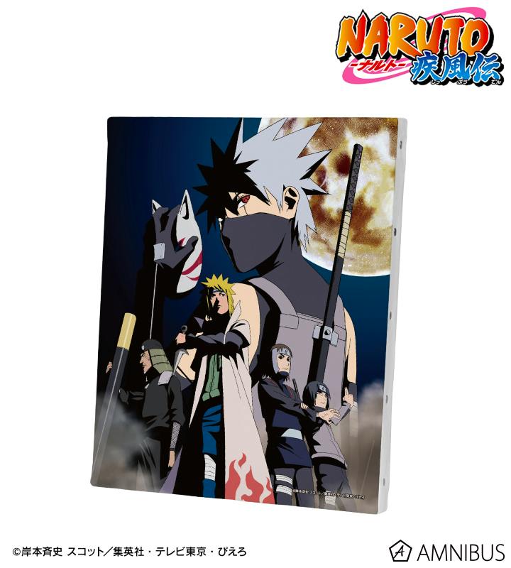 Angled photo of the 「カカシ暗部篇～闇を生きる忍～」 main visual printed on a canvas board showing Kakashi and other ninja characters.