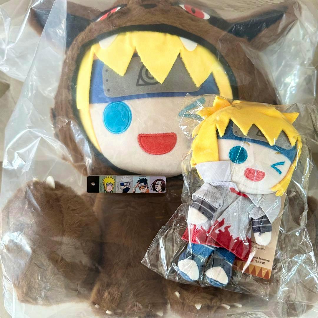 Two packaged NARUTO Minato plush toys, a large brown character plush with yellow hair and a smaller dressed Minato plush shown in clear plastic packaging.